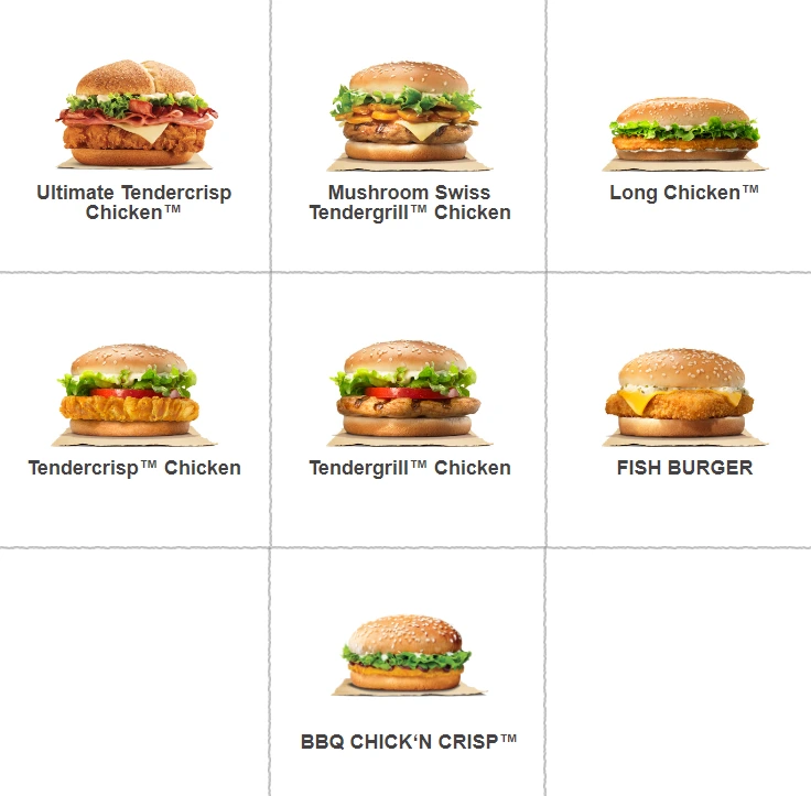 BURGER KING CHICKEN & FISH BURGERS MENU