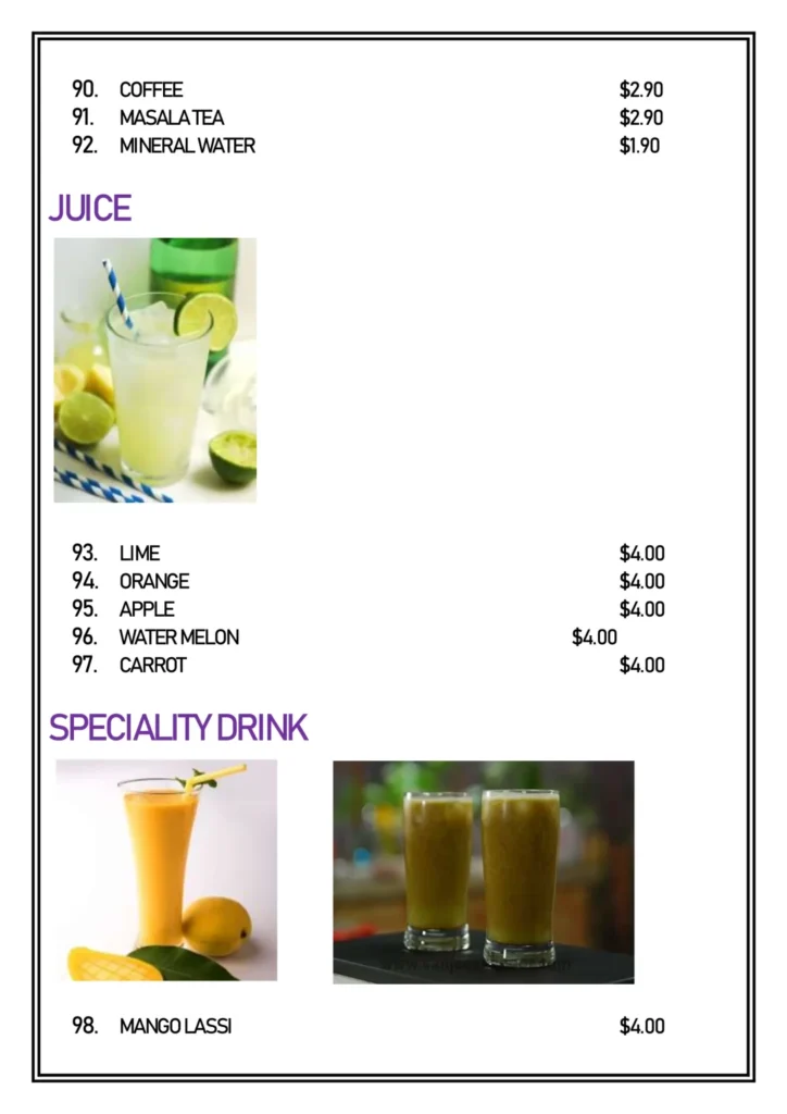 DELHI 6 SOFT BEVERAGES MENU