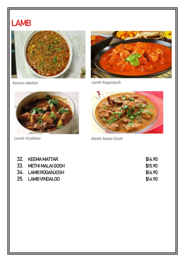 DELHI 6 LAMB MENU PRICES