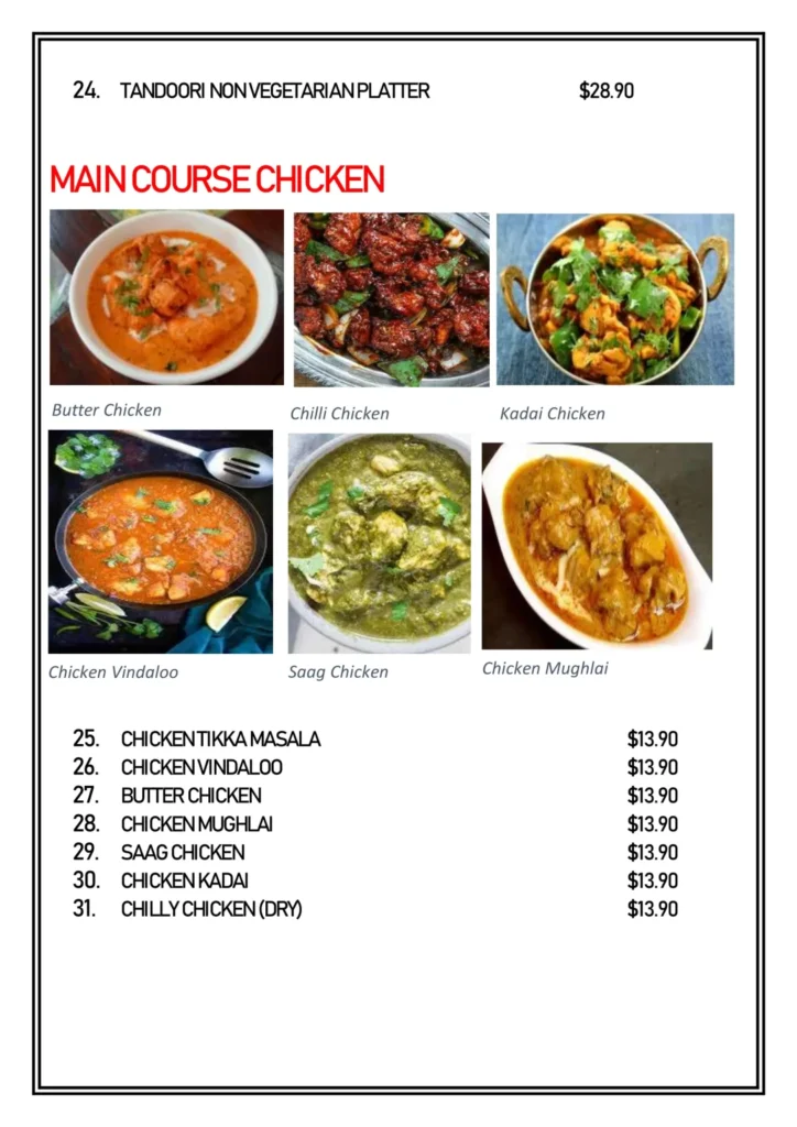 DELHI 6 MAIN COURSE CHICKEN MENU
