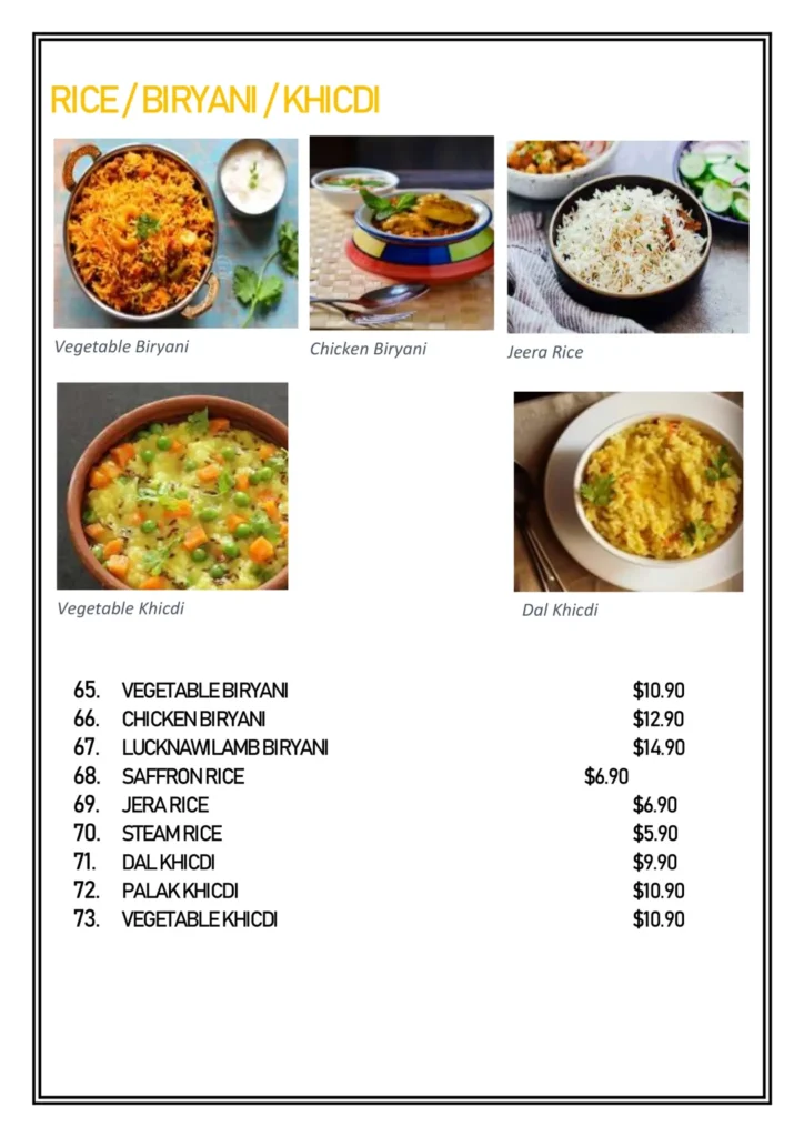 RICE BIRYANI KHICDI MENU