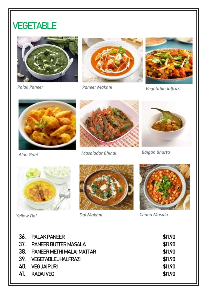DELHI 6 VEGETABLE MENU & PRICES