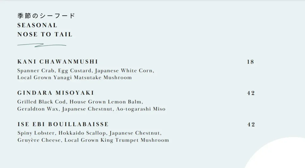 OUMI SEASONAL NOSE TO TAIL MENU PRICES