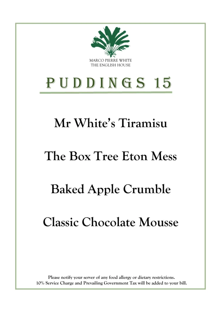 THE ENGLISH HOUSE DESSERTS MENU PRICES