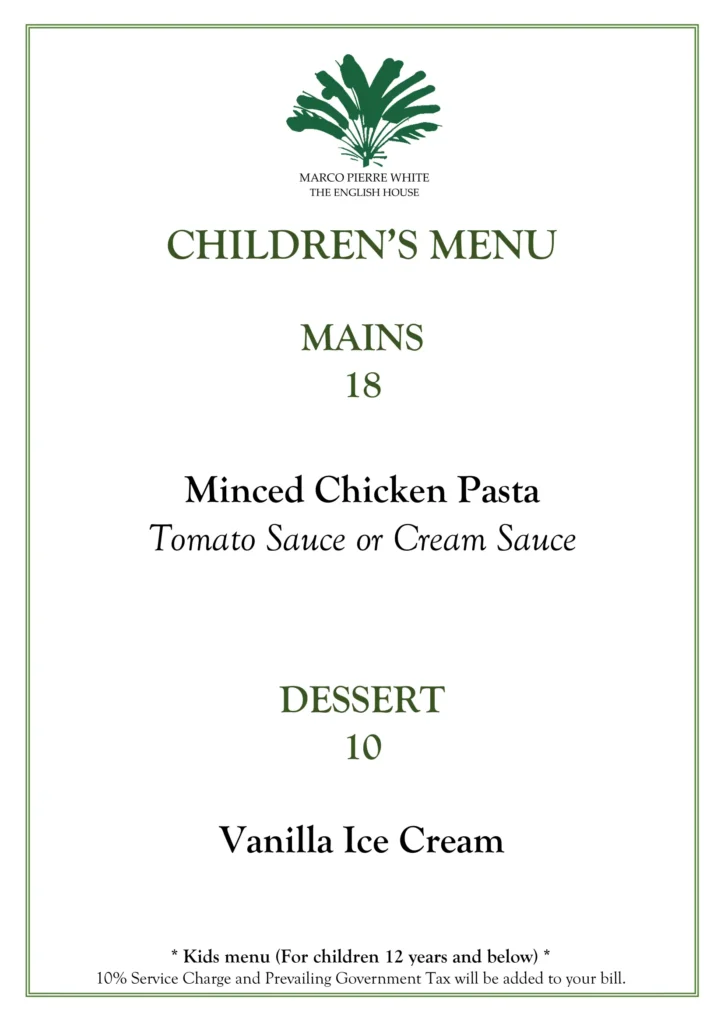 THE ENGLISH HOUSE KIDS & SIDES MENU PRICES